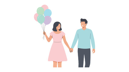 Love's Delight: A couple share a tender moment, their hands entwined, with pastel balloons floating nearby. A simple depiction of affection and togetherness.