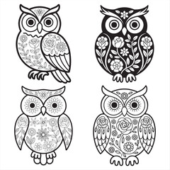 Decorative Floral Owl Illustrations Set