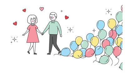 Holding Hands with Love: A charming illustration depicts a couple holding hands, their hearts filled with affection, accompanied by a vibrant collection of balloons.
