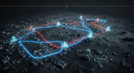 Dynamic digital network visualization with glowing routes connecting urban points on a futuristic map interface