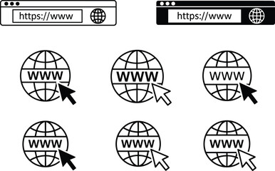 Web browser icons, internet domain symbols, website URL graphics, global www pointer elements, online navigation tools, digital browsing illustration – cad drawing flat vector illustration