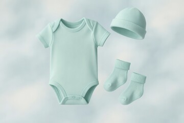 Mint green baby bodysuit, hat, and socks floating in a soft, bright blue and white background, symbolizing new beginnings