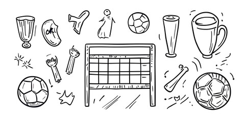 Hand drawn doodle soccer elements set including football goals, balls, whistles, trophies, and celebration confetti in sketch style vector illustration