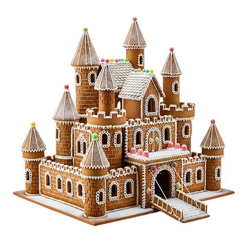 Gingerbread castle with towers and icing decorations