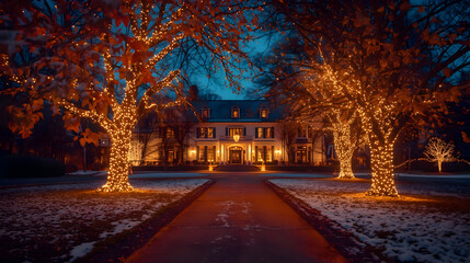 Fototapeta premium Festive luxury country estate glows with magical Christmas lights evoking sense of joy and wonder, with hint of jazz music in air