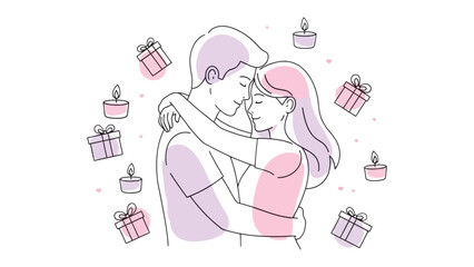 Embracing Romance: A tender embrace between two individuals, framed by floating presents and flickering candles, symbolizing the warmth of affection and shared moments. 