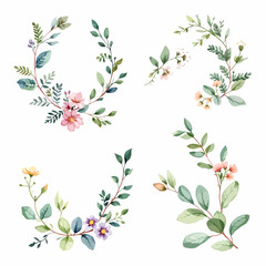 Obraz premium Charming collection of watercolor green leaf wreaths for elegant rustic wedding card layouts