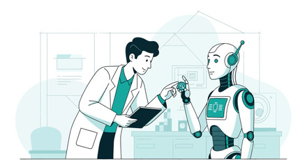 Depiction of medical experts and cutting-edge robotic collaboration for future healthcare