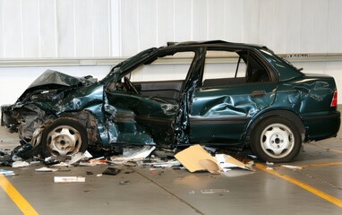 Green sedan with extensive damage from a collision, showcasing crumpled metal and shattered glass in a car safety testing facility or accident investigation area