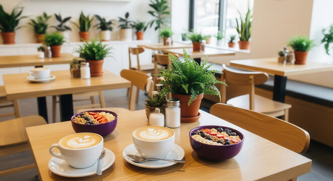 Cozy cafe scene with delicious breakfast bowls and creamy lattes, perfect for lifestyle blogs or restaurant menus, creating a warm and inviting atmosphere - Powered by Adobe