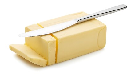 Butter block with slices and silver knife on top isolated