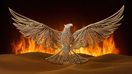 immortality. Phoenix pattern made of colored sand rising from warm ashes. event programs, museum guides, designed for cultural heritage projects and event programs, elevates cultural identity.
