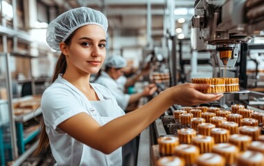 Young woman in white uniform and hair net operating industrial confectionery machine, filling pastry shells in modern food production facility