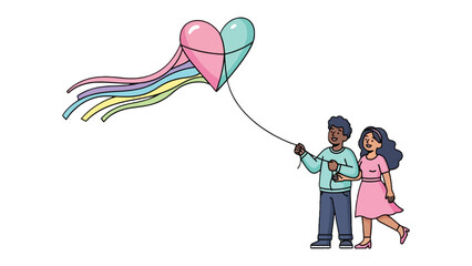 Soaring Hearts: A depiction of a couple, sharing a sweet moment by flying a vibrant, heart-shaped kite, a symbol of love and freedom.