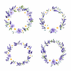 Minimalist floral wreath collection showcasing purple meadow blooms and airy greenery