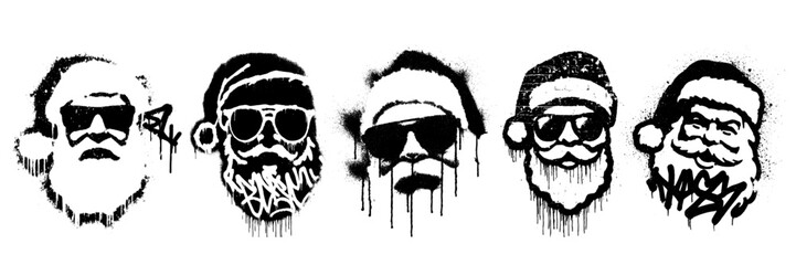 Set of grunge messy graffiti spray painted festive santa faces with drips and splatters
