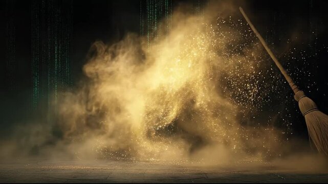 A broom sweeps away digital dust in a dark, ethereal space with matrix code.