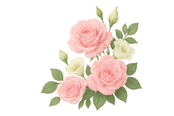 Pink roses and white eustoma flowers creating a soft floral bouquet watercolor composition with transparent background