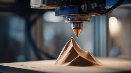 Medium shot focusing on the intricate formation of complex sand shapes emphasizing the precision of automated 3D printing technology.