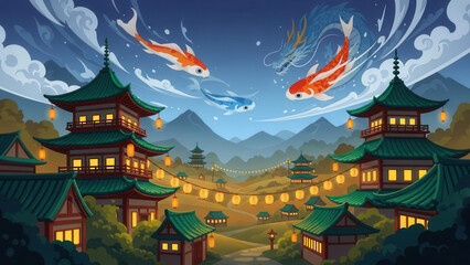 Fototapeta premium A serene asian village at dusk with koi fish swimming in the sky and traditional architecture under a mountainous landscape