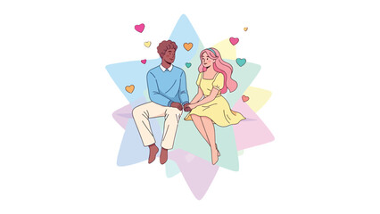 Love's Gentle Embrace: A couple shares an intimate moment, their hands entwined against a backdrop of pastel hues and floating hearts, capturing the essence of togetherness and the language of love.