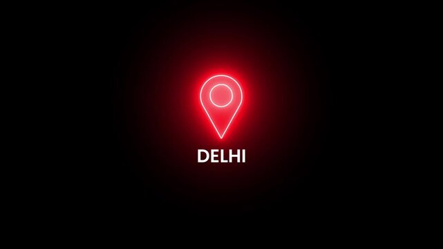 Delhi location marker with neon pin symbol animation isolated on black background