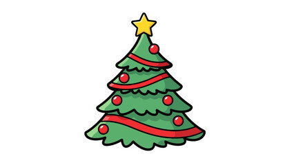 Cute Cartoon Christmas Tree Decorated with Ornaments and Star, Festive Illustration