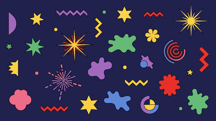 Vibrant Abstract Geometric Shapes and Splatters on Dark Background Vector Art