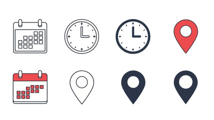 Set of Flat Vector Icons: Calendar, Clock, and Location Pins for Design