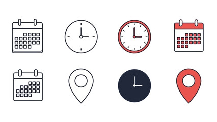 Set of Flat Icons for Calendar, Clock, and Location Pin on White Background