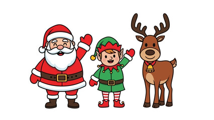 Cute Christmas Characters Santa Claus, Elf, and Reindeer Waving