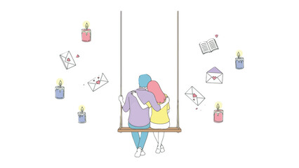 Love's Tender Embrace: A romantic couple shares a tender moment on a swing, surrounded by floating letters and candles, celebrating the warmth and intimacy of a deep connection.