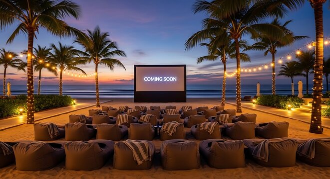 Outdoor beach cinema setup with bean bag seats at sunset