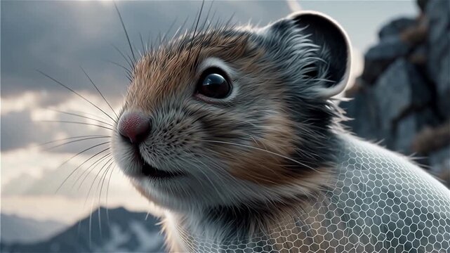 Rare ili pika creature with digital glowing hexagonal patterns on its body in a mountain landscape.
With motion blur and bokeh background.