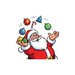 Jolly Santa Claus Juggling Christmas Ornaments and Treats Illustration