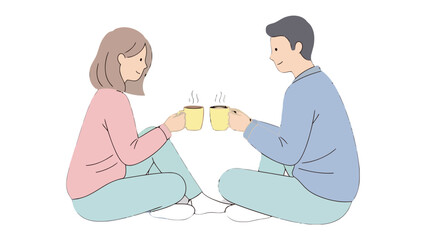 Simple Coffee Cheers: A loving couple, seated intimately, holds up steaming cups of coffee in a sweet toast of shared joy and connection, the warm essence of togetherness permeates the simple act.