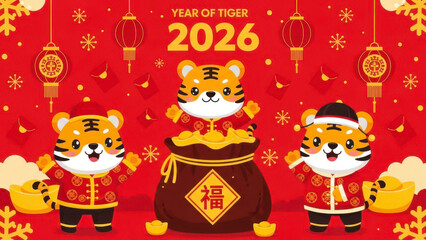 Naklejka premium Chinese new year card with tiger characters and gold decorations on red background for 2026 year of tiger celebration