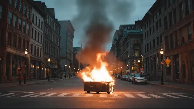 A dumpster fire burns in the middle of a city street, smoke billowing upwards.