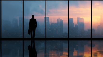 Fototapeta premium businessman standing looking at city skyline, silhouette, window, vision concept