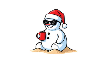 A cartoon snowman wearing sunglasses and a santa hat sitting on the beach with a mug