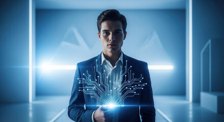 Confident businessman embracing technology, representing innovation, future, and digital transformation in modern workspace with glowing circuit board