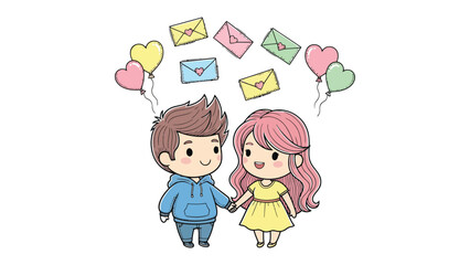 Love's Embrace: An Illustration of two individuals, holding hands amidst floating envelopes and heart balloons, symbolizing affection, communication and the tender touch of love.