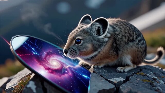 Rare ili pika looking at a cosmic galaxy portal with lightning on mountain rocks.
With motion blur and bokeh background.