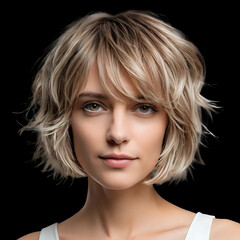 Portrait of a woman with short blonde layered hair against a stark studio shot