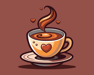 Obraz premium Steaming coffee cup with heart design and swirling aroma