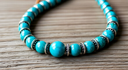 Turquoise Bead Necklace With Silver Spacers Resting On Rustic Wooden Surface