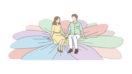 Love's Bloom: A tender couple sits hand in hand atop a multi-colored flower, a testament to their love, unity, and shared dreams.