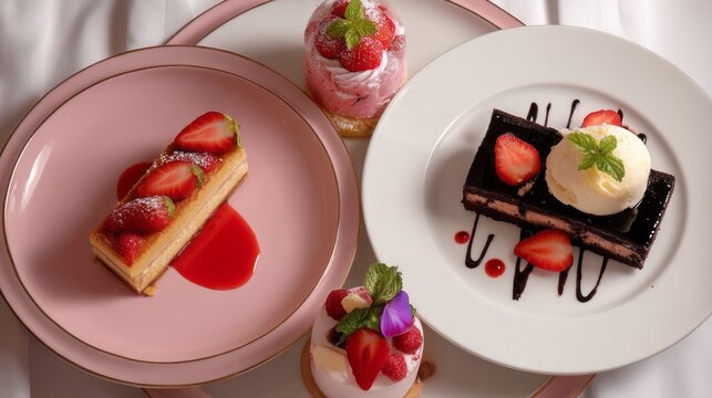 A stunning display of desserts awaits, showcasing luscious strawberry cakes, rich chocolate treats, and velvety cream layers. Sweetness and artistry blend beautifully on elegant plates - Powered by Adobe