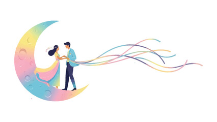 Celestial Dance of Romance: A couple stands embraced on a vibrant crescent moon, their hands clasped. symbolizing everlasting love and the magic of a shared dream.