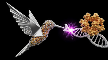 Naklejka premium A futuristic metallic hummingbird interacts with a genetic structure using a precision energy beam